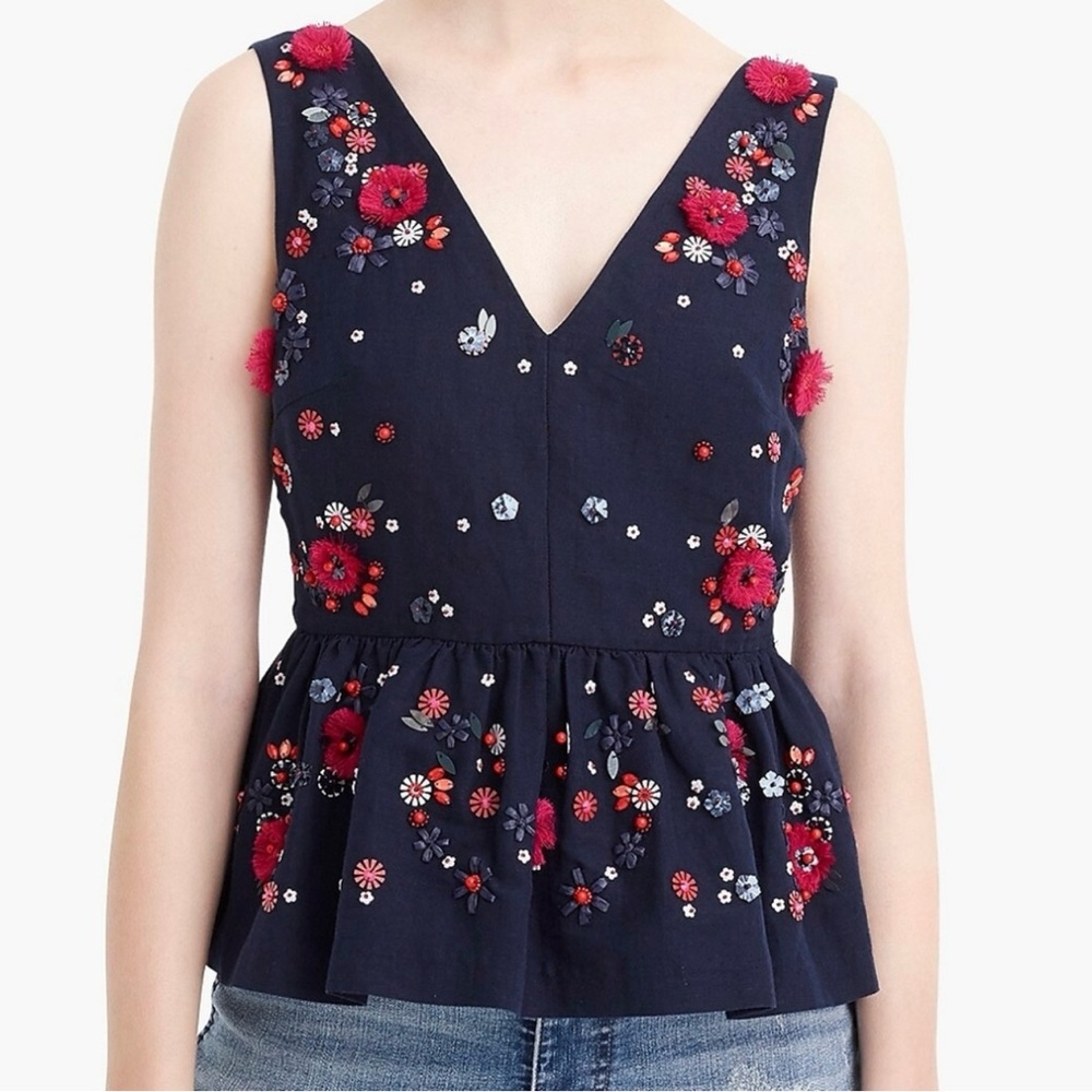 NWT J. Crew Navy Blue Hand Embellished Linen/ Cotton Peplum Tank Size 4 - Picture 3 of 13